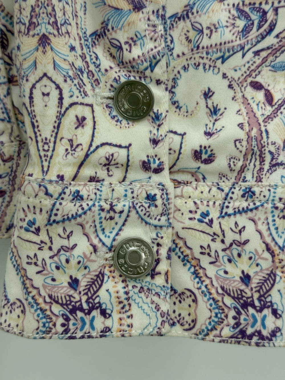 Chico’s Sateen Jean Jacket Paisley Print Button Front Stretch Jean Jacket Boho - Picture 10 of 12